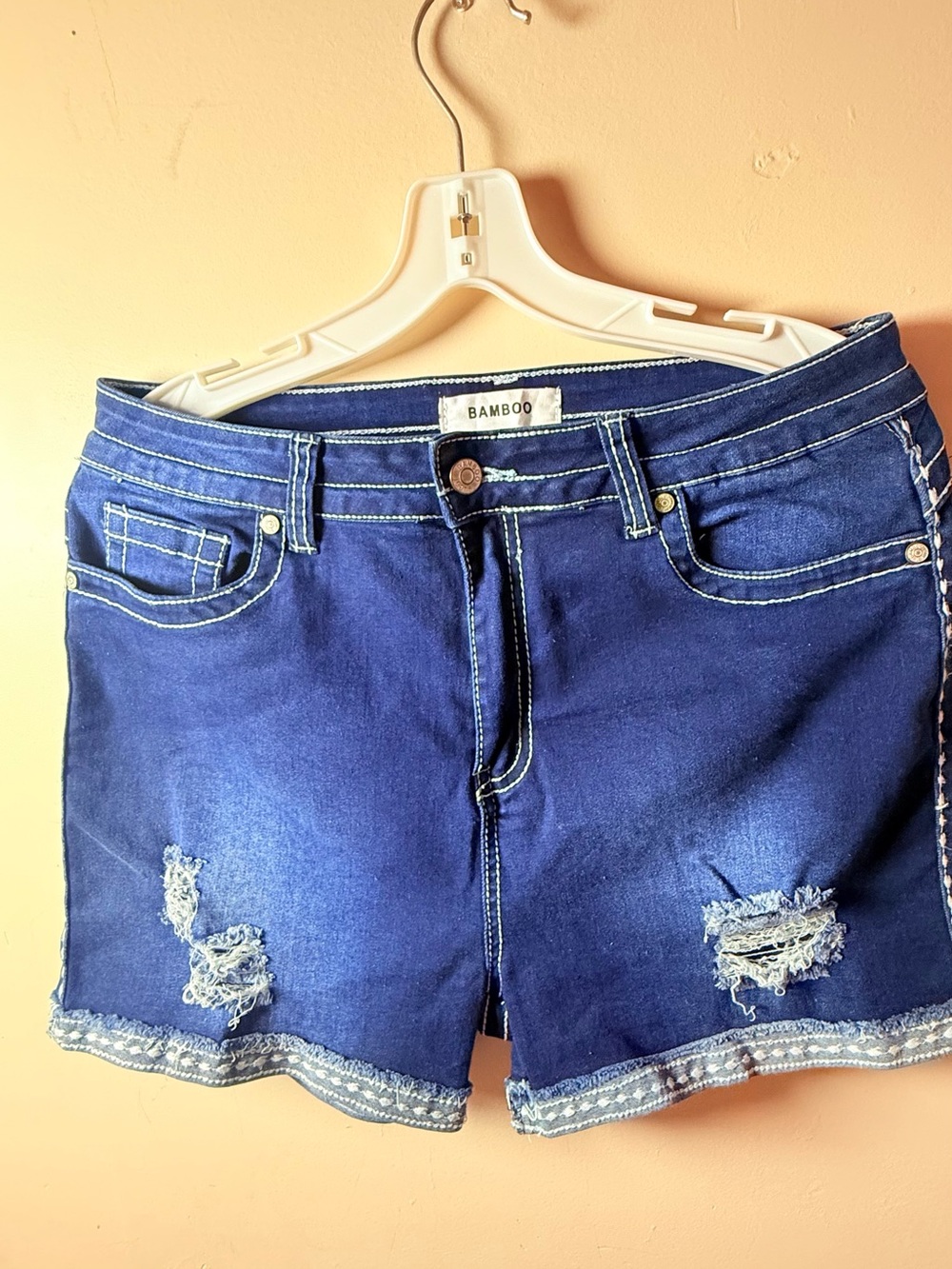 BAMBOO Dark Blue Distressed Denim Shorts